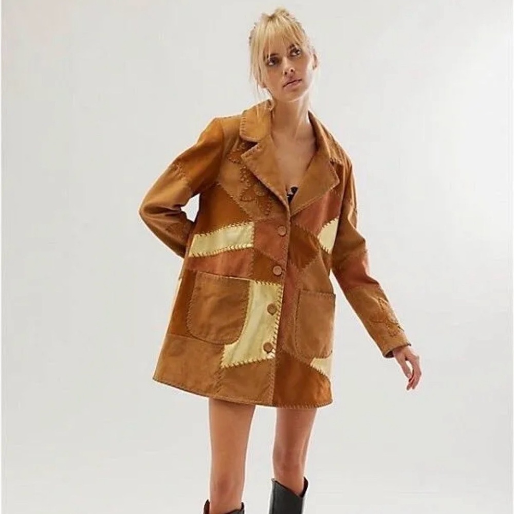 Free People Patchwork Leather Jacket in Tan and Cream